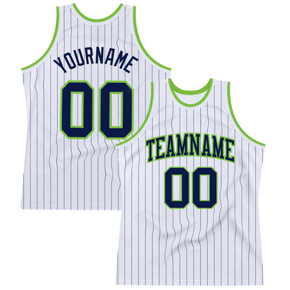 Custom White Navy Pinstripe Navy-Neon Green Authentic Basketball Jersey - Sky-Custom
