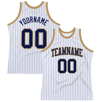Custom White Navy Pinstripe Navy-Old Gold Authentic Basketball Jersey - Sky-Custom