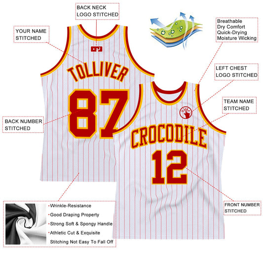 Custom White Red Pinstripe Red-Gold Authentic Basketball Jersey - Sky-Custom