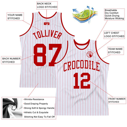 Custom White Red Pinstripe Red Authentic Basketball Jersey - Sky-Custom