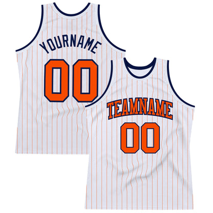 Custom White Orange Pinstripe Orange-Navy Authentic Basketball Jersey - Sky-Custom
