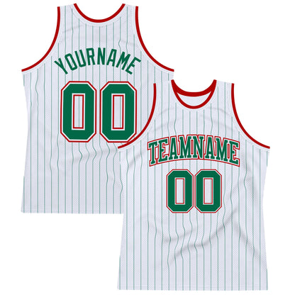 Custom White Kelly Green Pinstripe Kelly Green-Red Authentic Basketball Jersey - Sky-Custom