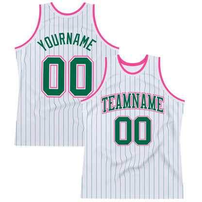 Custom White Kelly Green Pinstripe Kelly Green-Pink Authentic Basketball Jersey - Sky-Custom