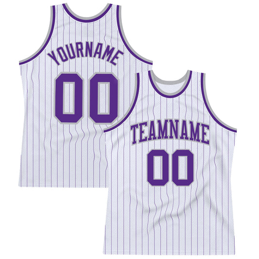 Custom White Purple Pinstripe Purple-Gray Authentic Basketball Jersey - Sky-Custom