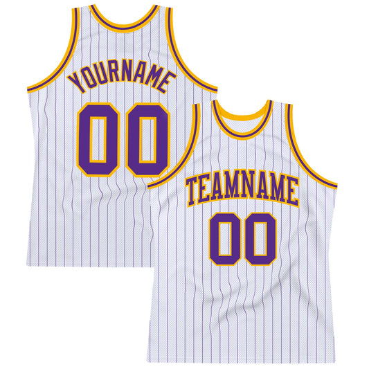 Custom White Purple Pinstripe Purple-Gold Authentic Basketball Jersey - Sky-Custom