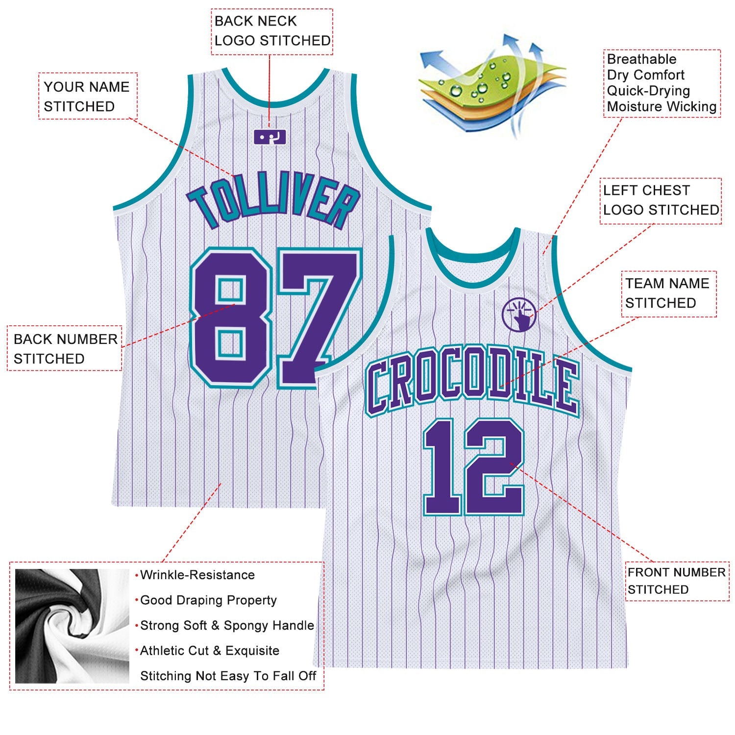 Custom White Purple Pinstripe Purple-Teal Authentic Basketball Jersey - Sky-Custom