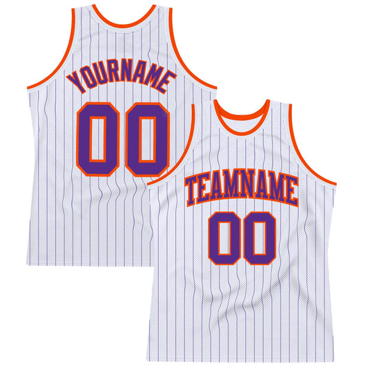 Custom White Purple Pinstripe Purple-Orange Authentic Basketball Jersey - Sky-Custom