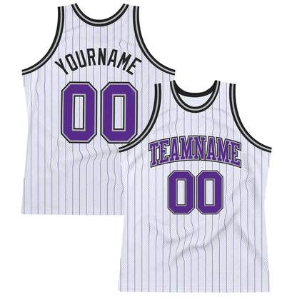 Custom White Purple Pinstripe Purple Gray-Black Authentic Basketball Jersey - Sky-Custom