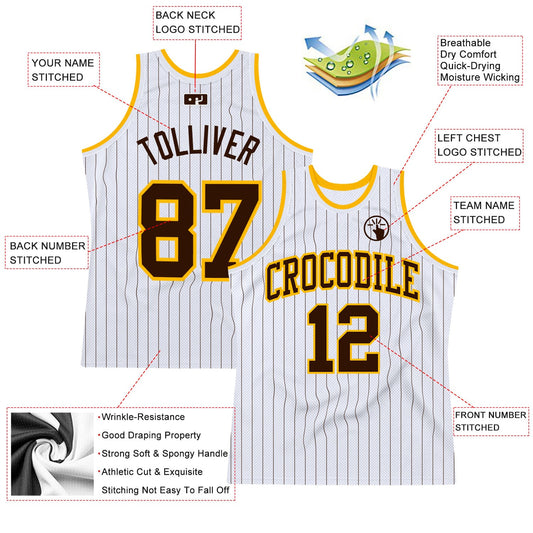 Custom White Brown Pinstripe Brown-Gold Authentic Basketball Jersey - Sky-Custom