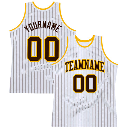 Custom White Brown Pinstripe Brown-Gold Authentic Basketball Jersey - Sky-Custom