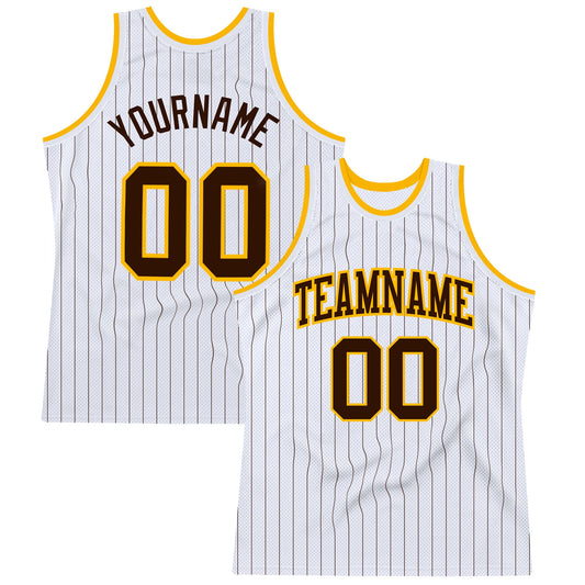 Custom White Brown Pinstripe Brown-Gold Authentic Basketball Jersey - Sky-Custom