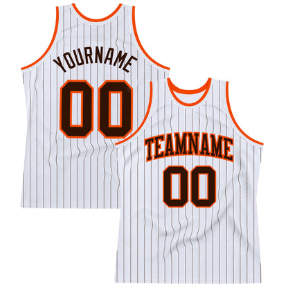 Custom White Brown Pinstripe Brown-Orange Authentic Basketball Jersey - Sky-Custom