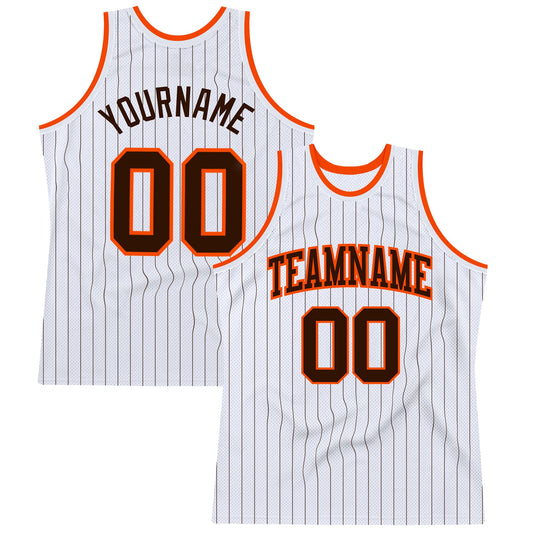 Custom White Brown Pinstripe Brown-Orange Authentic Basketball Jersey - Sky-Custom