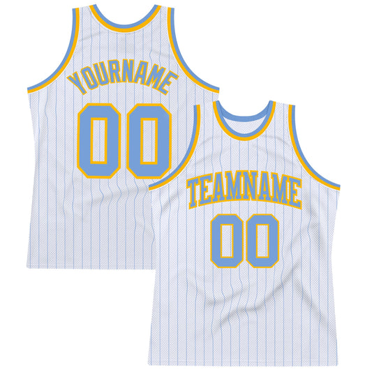Custom White Light Blue Pinstripe Light Blue-Gold Authentic Basketball Jersey - Sky-Custom