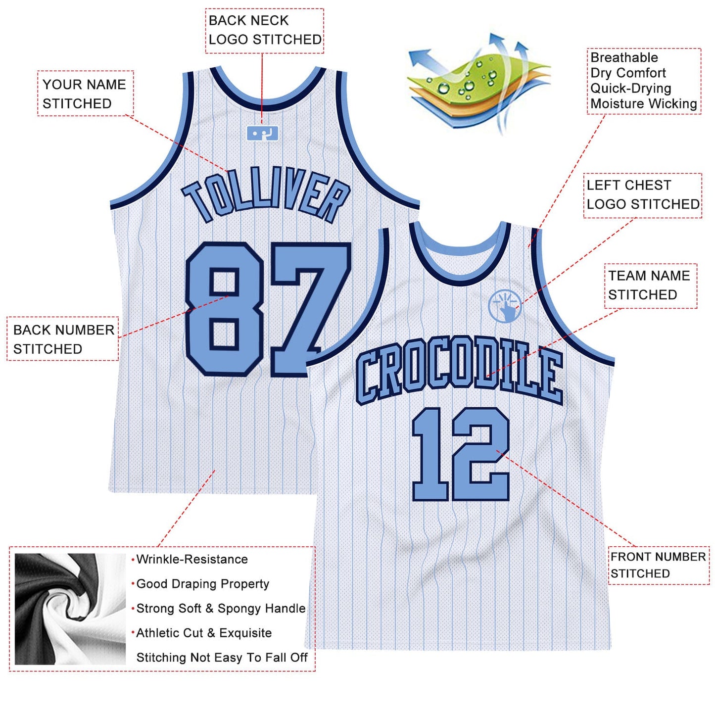 Custom White Light Blue Pinstripe Light Blue-Navy Authentic Basketball Jersey - Sky-Custom