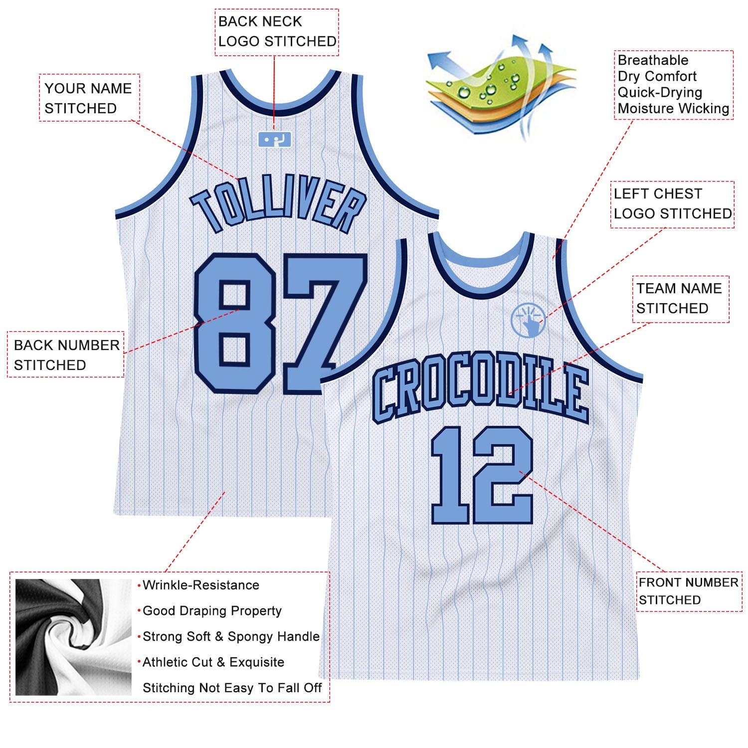 Custom White Light Blue Pinstripe Light Blue-Navy Authentic Basketball Jersey - Sky-Custom