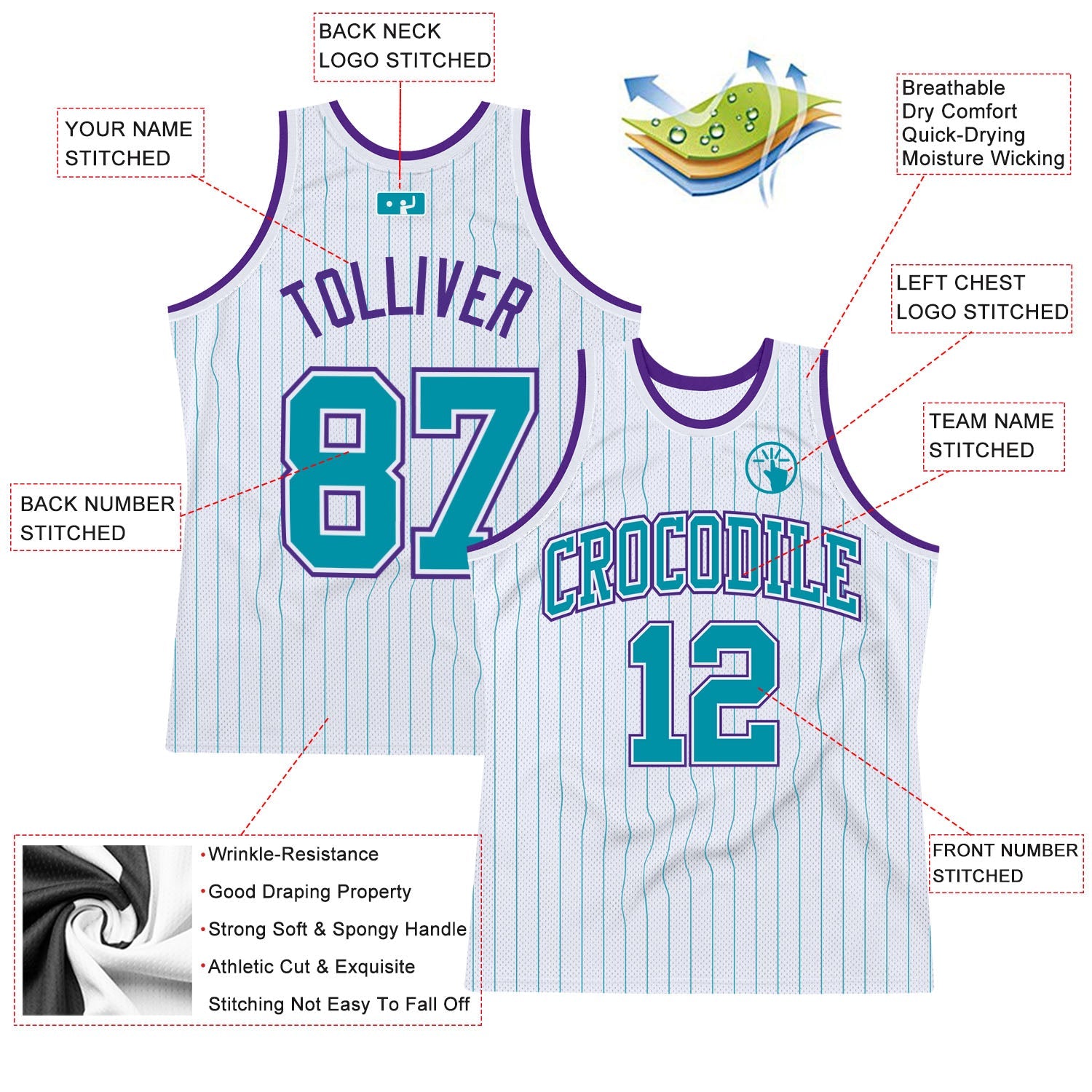 Custom White Teal Pinstripe Teal-Purple Authentic Basketball Jersey - Sky-Custom