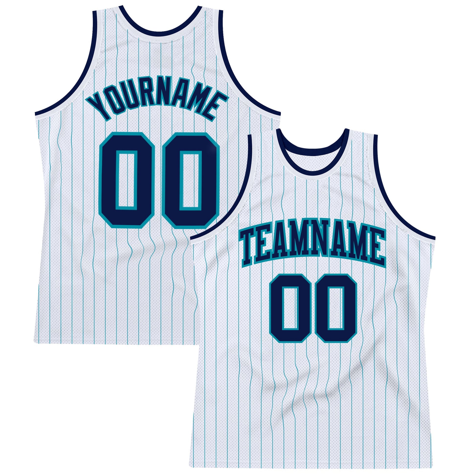 Custom White Teal Pinstripe Navy Authentic Basketball Jersey - Sky-Custom