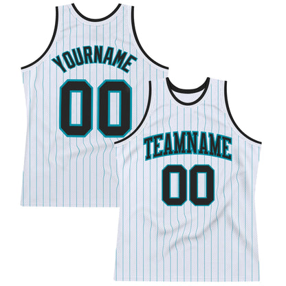 Custom White Teal Pinstripe Black Authentic Basketball Jersey - Sky-Custom