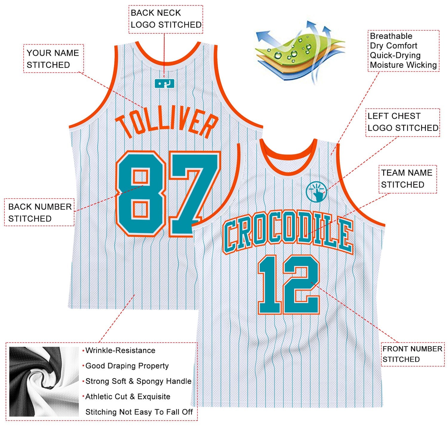Custom White Teal Pinstripe Teal-Orange Authentic Basketball Jersey - Sky-Custom
