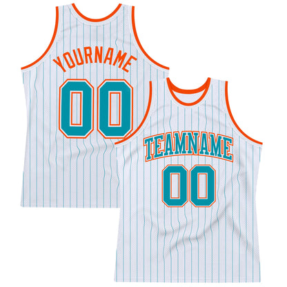 Custom White Teal Pinstripe Teal-Orange Authentic Basketball Jersey - Sky-Custom