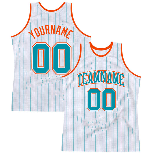 Custom White Teal Pinstripe Teal-Orange Authentic Basketball Jersey - Sky-Custom