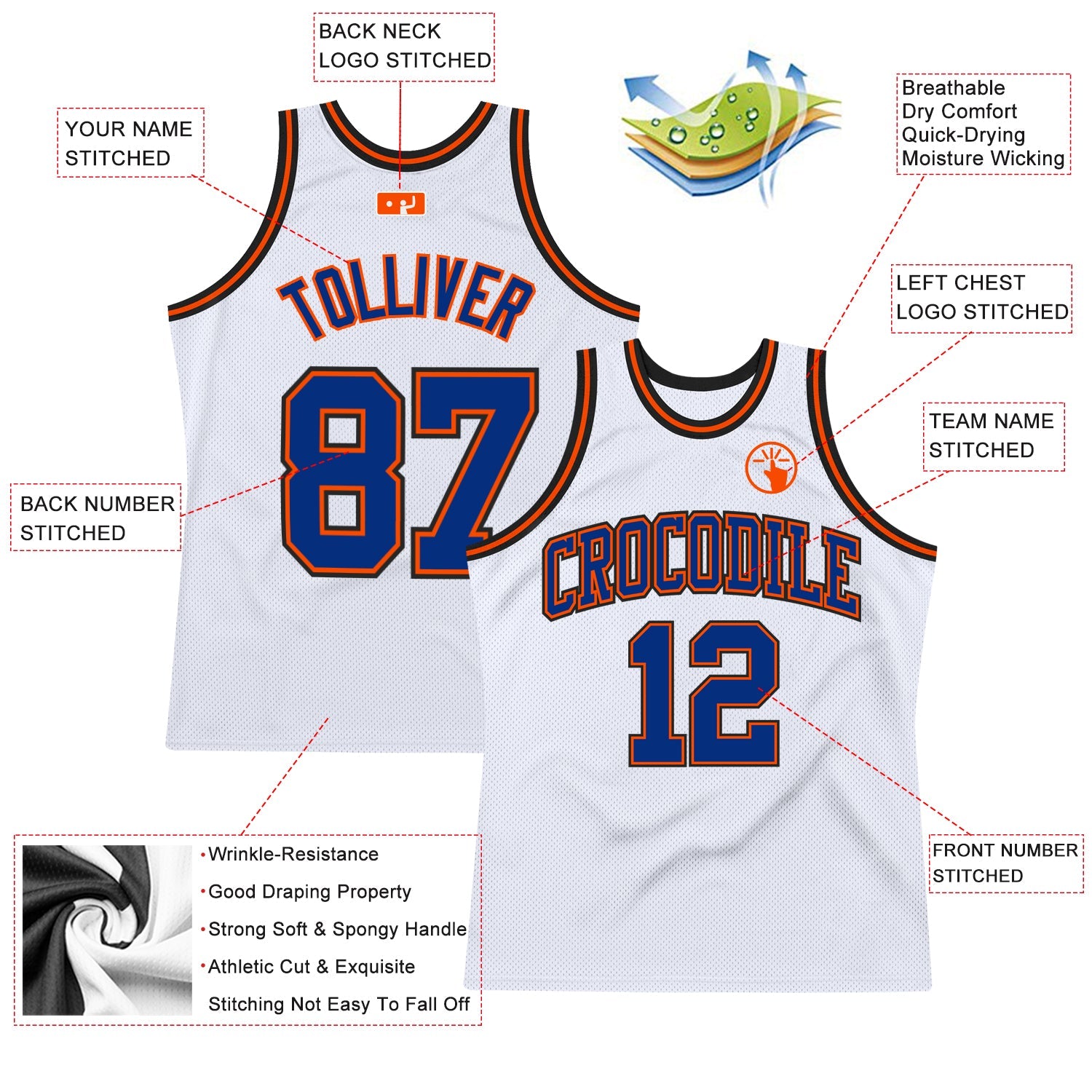 Custom White Royal Orange-Black Authentic Throwback Basketball Jersey - Sky-Custom