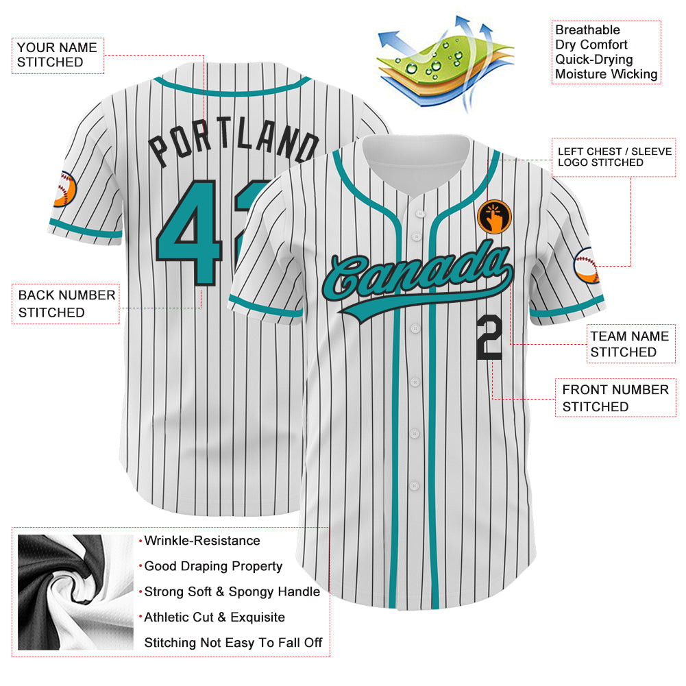 Custom White Black Pinstripe Teal Authentic Baseball Jersey - Sky-Custom
