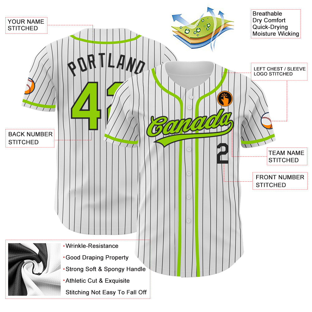 Custom White Black Pinstripe Neon Green Authentic Baseball Jersey - Sky-Custom
