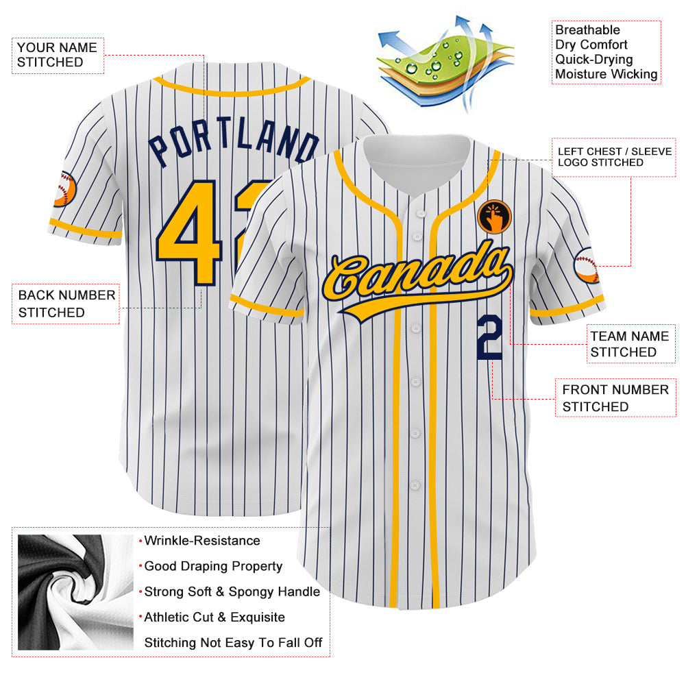 Custom White Navy Pinstripe Gold Authentic Baseball Jersey - Sky-Custom