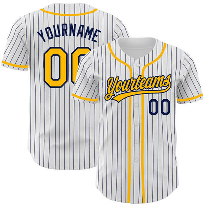 Custom White Navy Pinstripe Gold Authentic Baseball Jersey - Sky-Custom