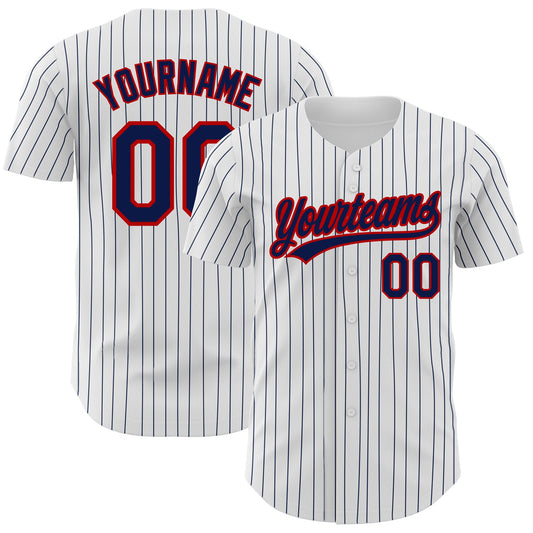Custom White Navy Pinstripe Navy-Red Authentic Baseball Jersey - Sky-Custom