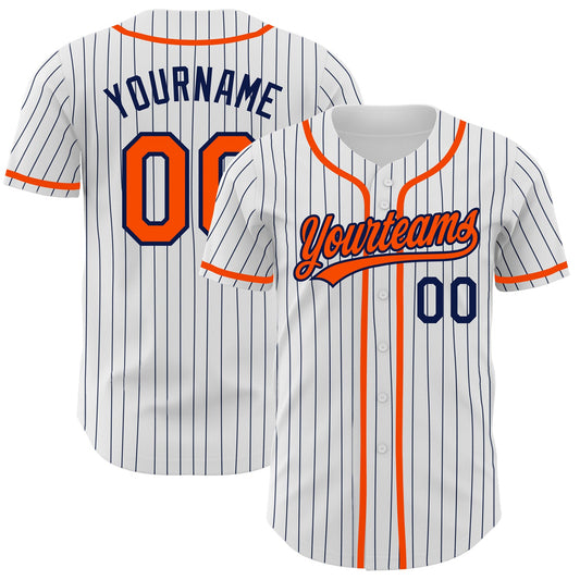 Custom White Navy Pinstripe Orange Authentic Baseball Jersey - Sky-Custom
