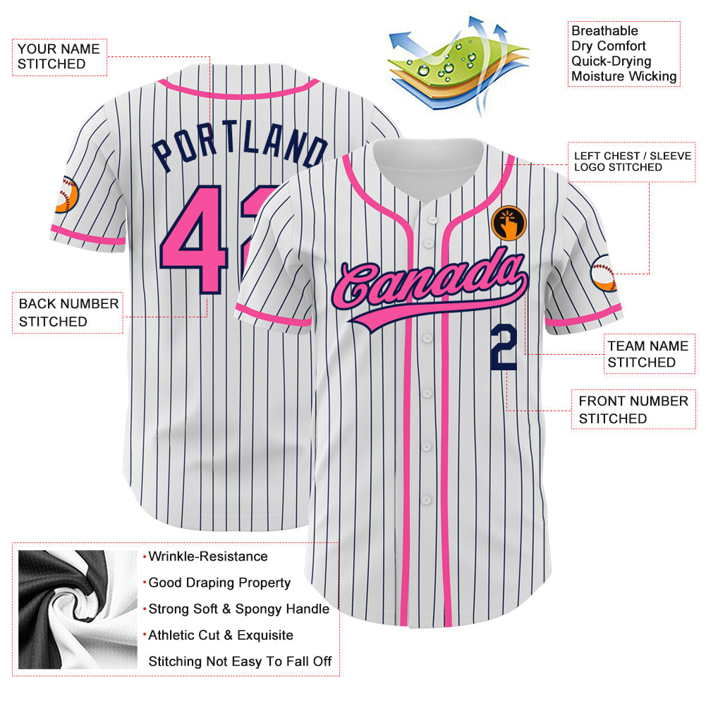Custom White Navy Pinstripe Pink Authentic Baseball Jersey - Sky-Custom