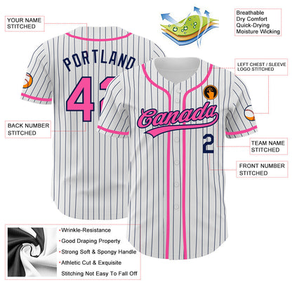 Custom White Navy Pinstripe Pink Authentic Baseball Jersey - Sky-Custom