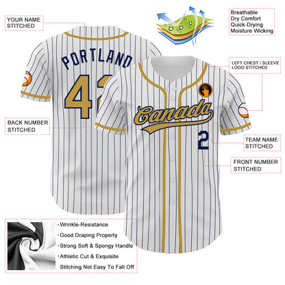 Custom White Navy Pinstripe Old Gold Authentic Baseball Jersey - Sky-Custom