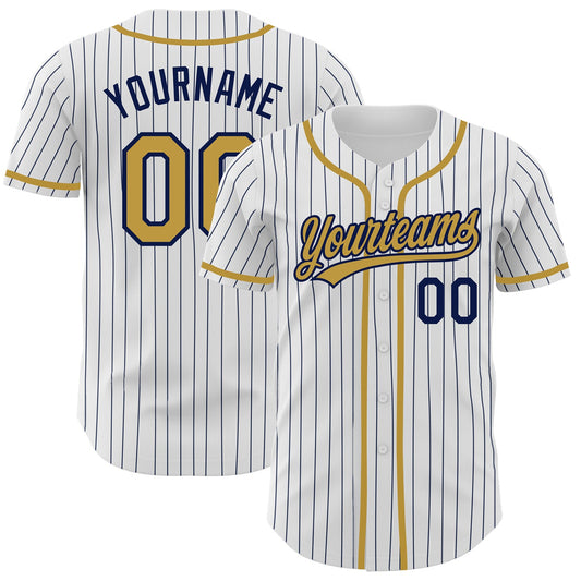 Custom White Navy Pinstripe Old Gold Authentic Baseball Jersey - Sky-Custom