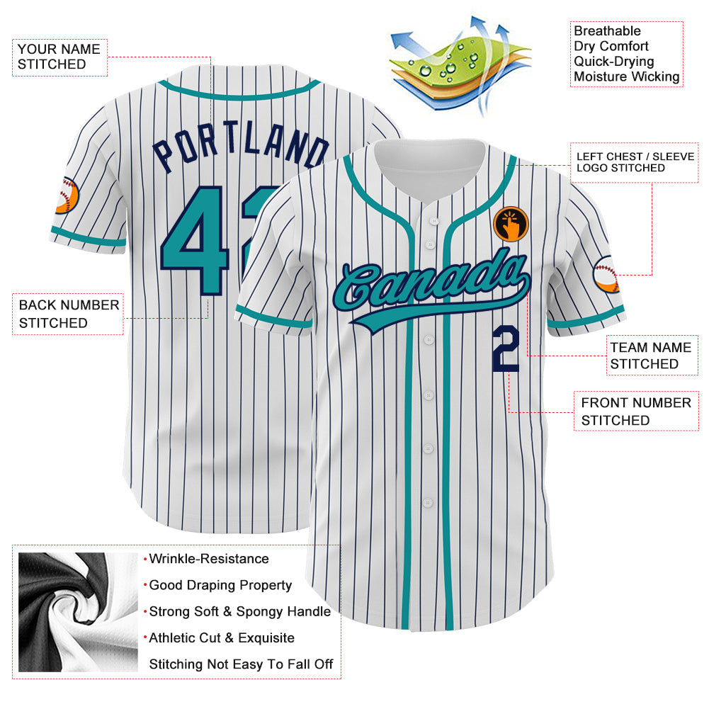 Custom White Navy Pinstripe Teal Authentic Baseball Jersey - Sky-Custom