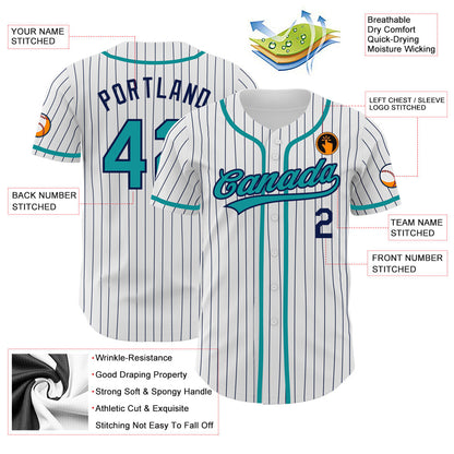 Custom White Navy Pinstripe Teal Authentic Baseball Jersey - Sky-Custom