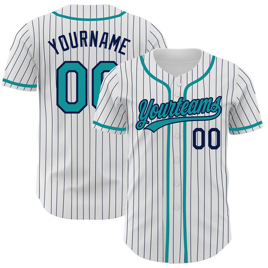 Custom White Navy Pinstripe Teal Authentic Baseball Jersey - Sky-Custom