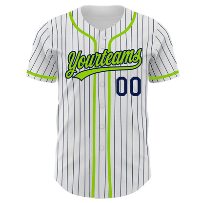 Custom White Navy Pinstripe Neon Green Authentic Baseball Jersey - Sky-Custom