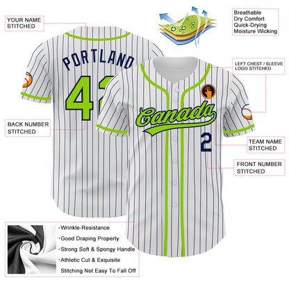 Custom White Navy Pinstripe Neon Green Authentic Baseball Jersey - Sky-Custom