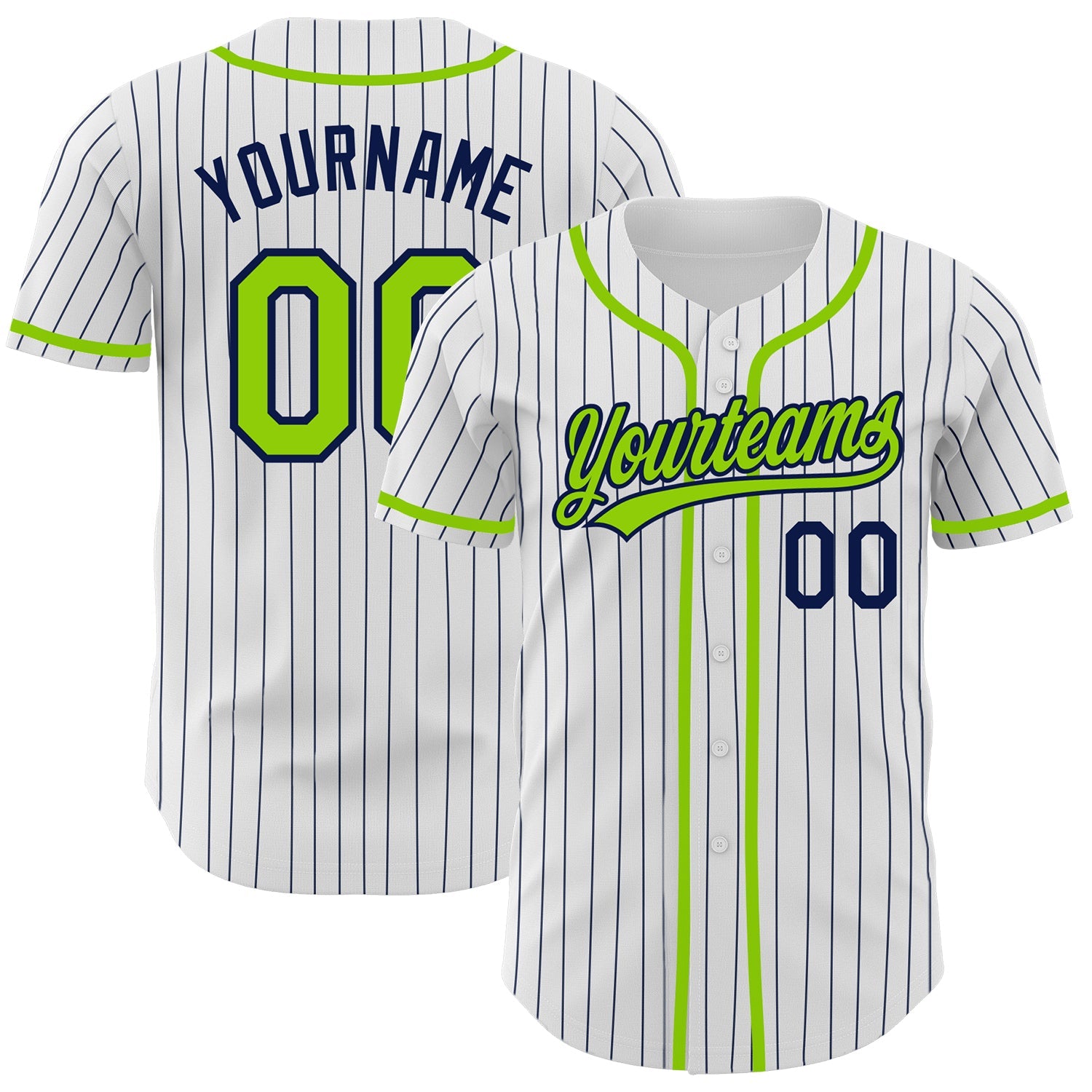 Custom White Navy Pinstripe Neon Green Authentic Baseball Jersey - Sky-Custom