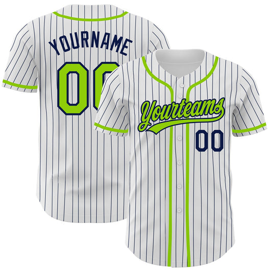 Custom White Navy Pinstripe Neon Green Authentic Baseball Jersey - Sky-Custom