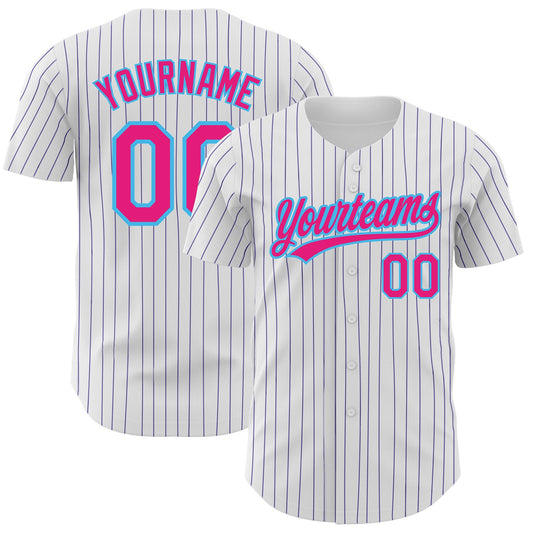 Custom White Purple Pinstripe Hot Pink-Sky Blue Authentic Baseball Jersey - Sky-Custom