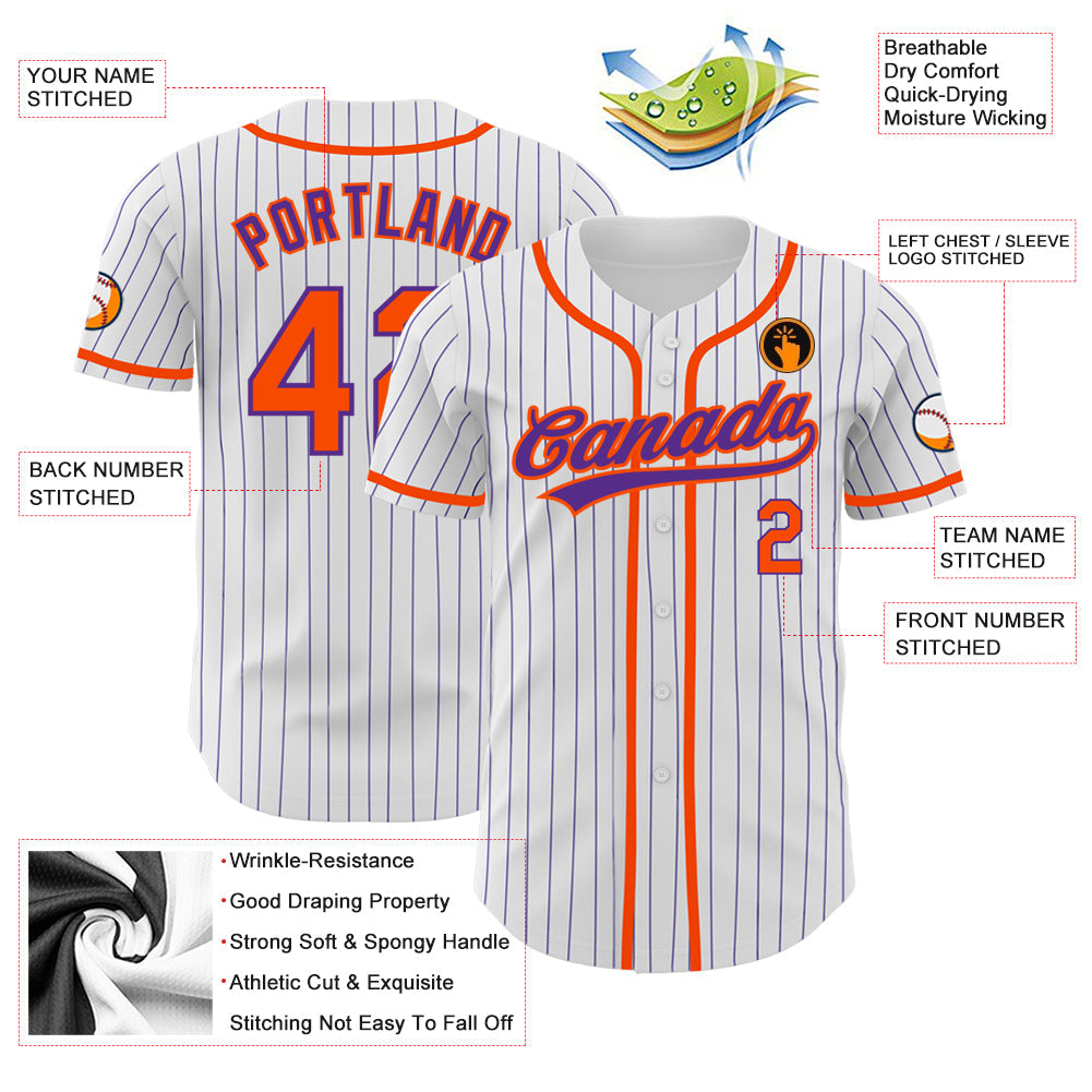 Custom White Purple Pinstripe Orange Authentic Baseball Jersey - Sky-Custom