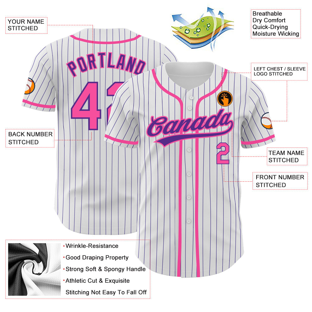 Custom White Purple Pinstripe Pink Authentic Baseball Jersey - Sky-Custom