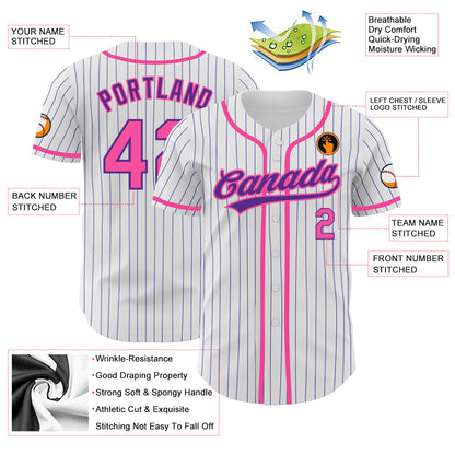 Custom White Purple Pinstripe Pink Authentic Baseball Jersey - Sky-Custom