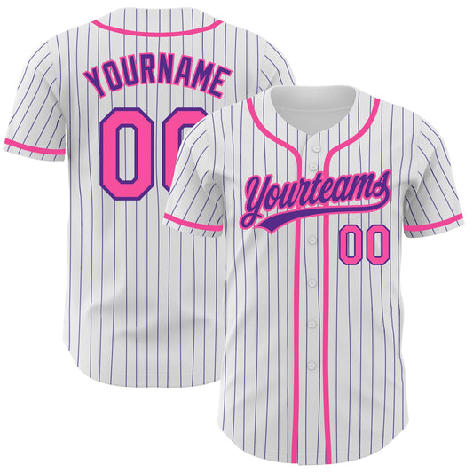 Custom White Purple Pinstripe Pink Authentic Baseball Jersey - Sky-Custom