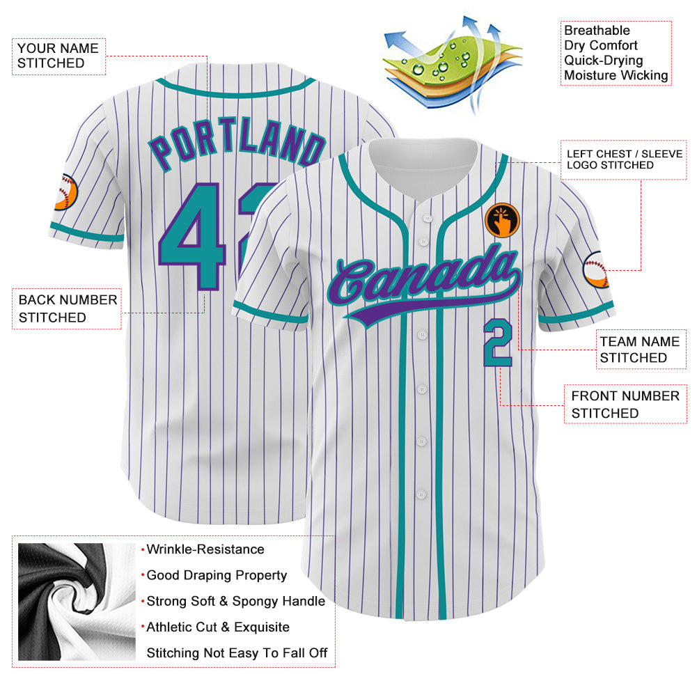 Custom White Purple Pinstripe Teal Authentic Baseball Jersey - Sky-Custom